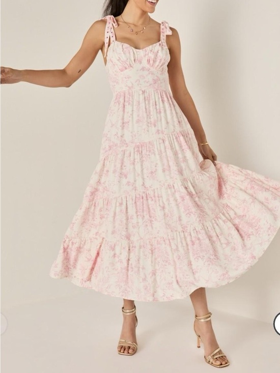 Francesca's Collections Dresses & Skirts - Francesca's Collections Pink Floral Tie-Shoulder Tiered Midi Dress